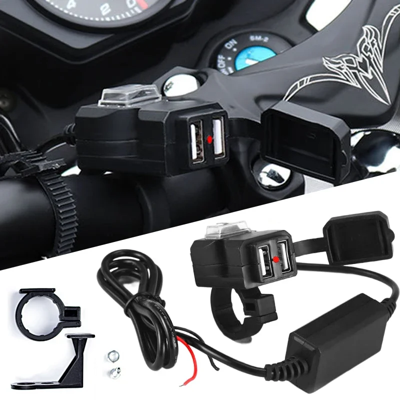 Dual USB Port Waterproof Motorcycle Handlebar Charger 5V 1A/2.1A Adapter Power Supply Socket for Phone Moto Accessories 12V-24V