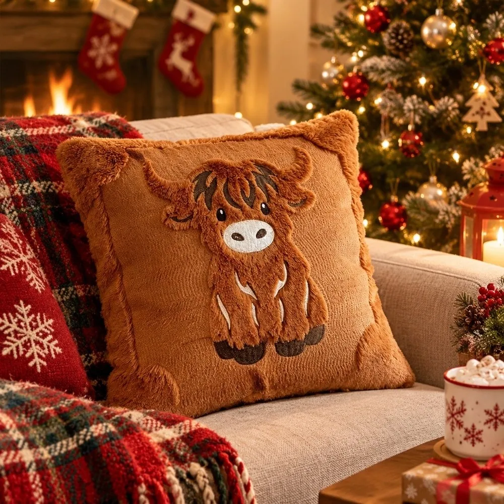 Cute 45x45cm Highland Cow Pillow Cover Sofa Bed Decor Soft Throw Pillow Case Breathable Cozy Cushion Cover Christmas Decor