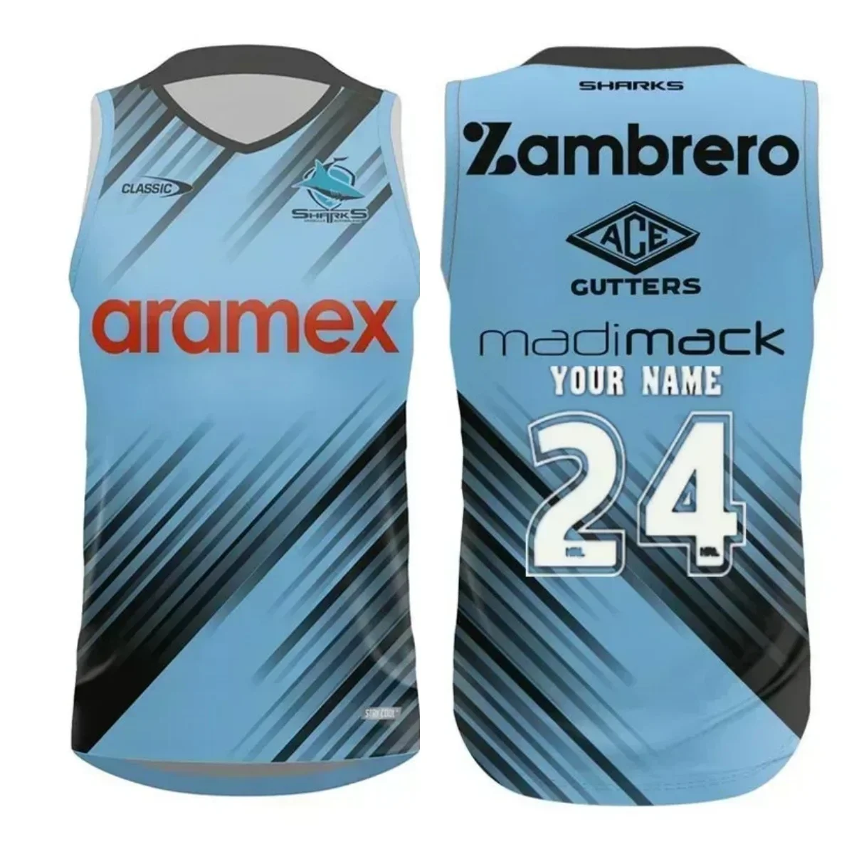 

24/25 Cronulla Shark Training Single Line Rugby Shirt Men's Large Size Vest Breathable Quick Dry Children's Sports Vest