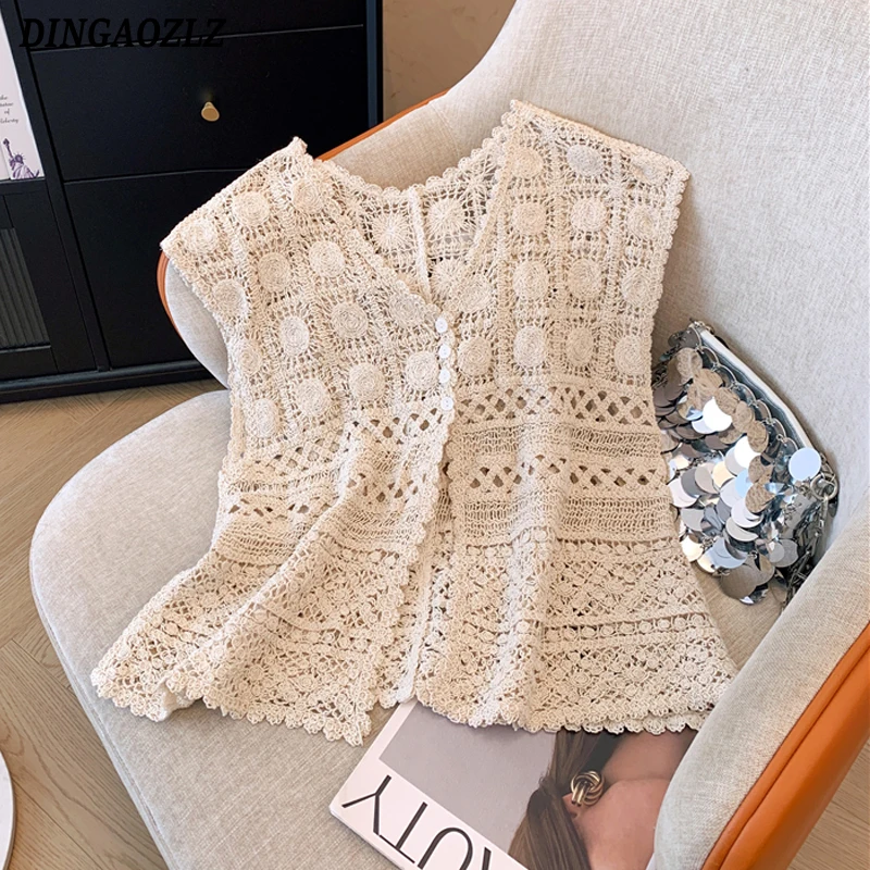 ノースリーブ女性かぎ針編みシャツ韓国ファッション女性フックフラワー中空アウトブラウス V ネックニットベストトップス