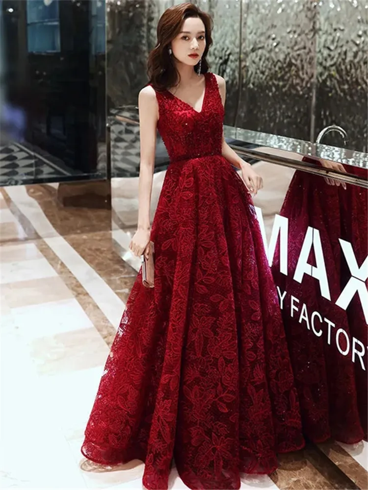 Wine Red Dress Solid Color Sequin V-neck Long A-line Skirt Elegant Evening Gown M047