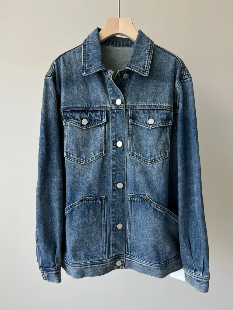 

Весенне-осеннее хлопковое джинсовое джинсовое женское пальто с винтажным воротником на одной пуговице, свободное тонкое женское пальто обычного кроя