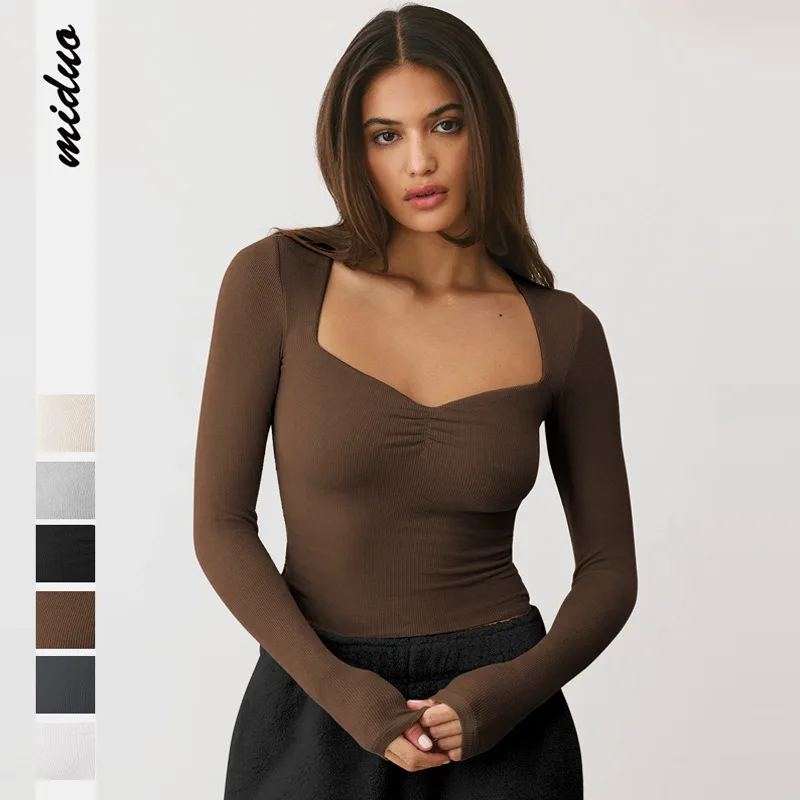 2025 Otoño Invierno nueva moda mujer camiseta de manga larga ajustado escote cuadrado Sexy Tops Y2k ropa de mujer