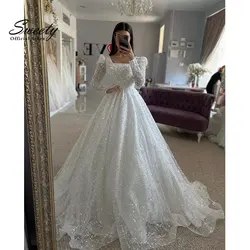 Luxuriöses Hochzeitskleid mit Perlen, Prinzessin, A-Linie, Ballkleid, quadratischer Kragen, volle Ärmel, Braut, individueller Abschlussball, Vestido De Novia