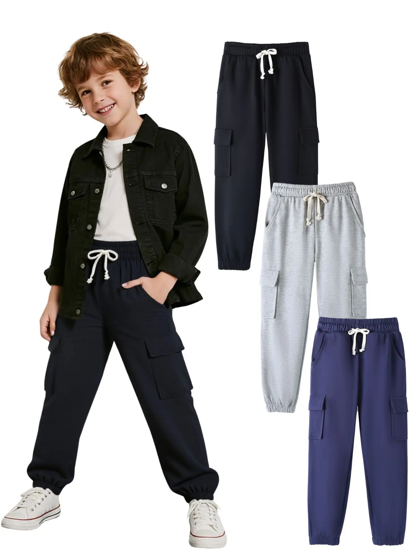 

Three piece set of boys' work pants solid color black gray hidden color waist drawstring large pocket outdoor casual sweatshirt