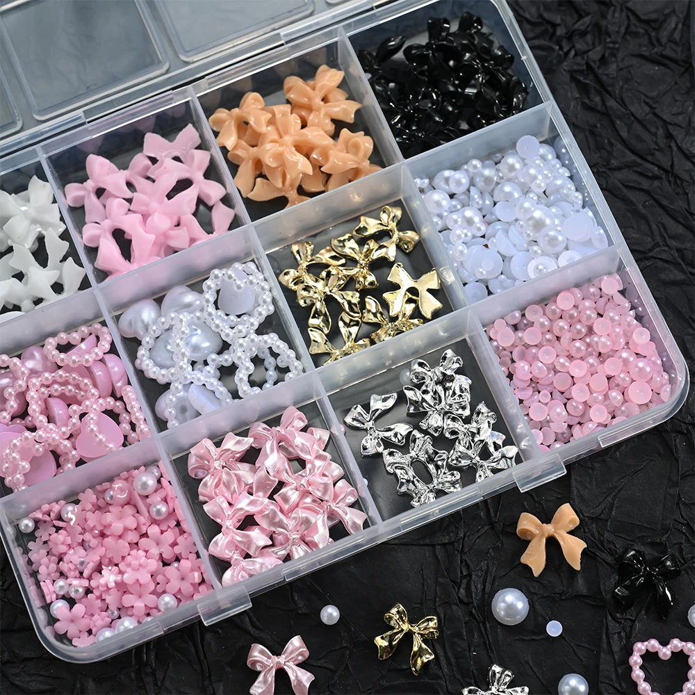 350-400Pcs Mixed Ribbion Bowknot Nail Charms 10x11mm Metal Alloy Bow+Resin Bow Nail Art With Pearl&Acrylic Flower Nail Parts&*&