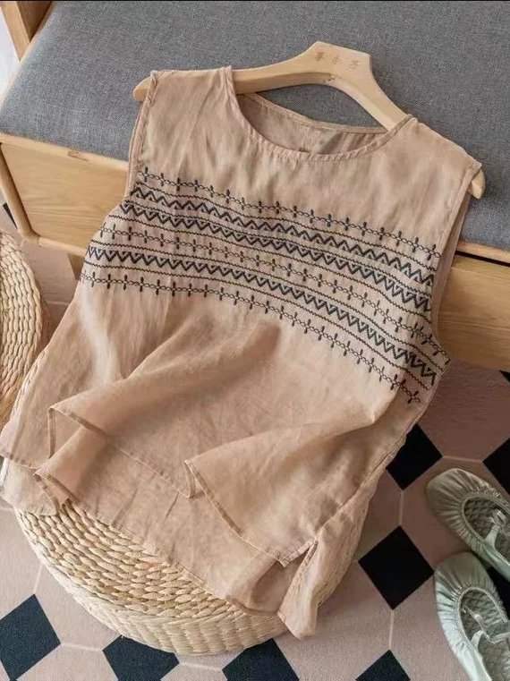 Women's Cotton Linen Sleeveless Embroidered Vest Casual Loose Outerwear Summer 2026 Vintage Strap Top Breathable Lightweight