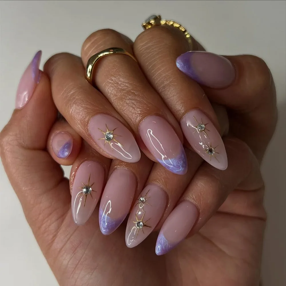 

24 Pcs Purple French Press on Nails To Stick Gilded Rhinestones Cheap Nail Tips False Nail with Sticky Tabs Prosthetic Nail Set
