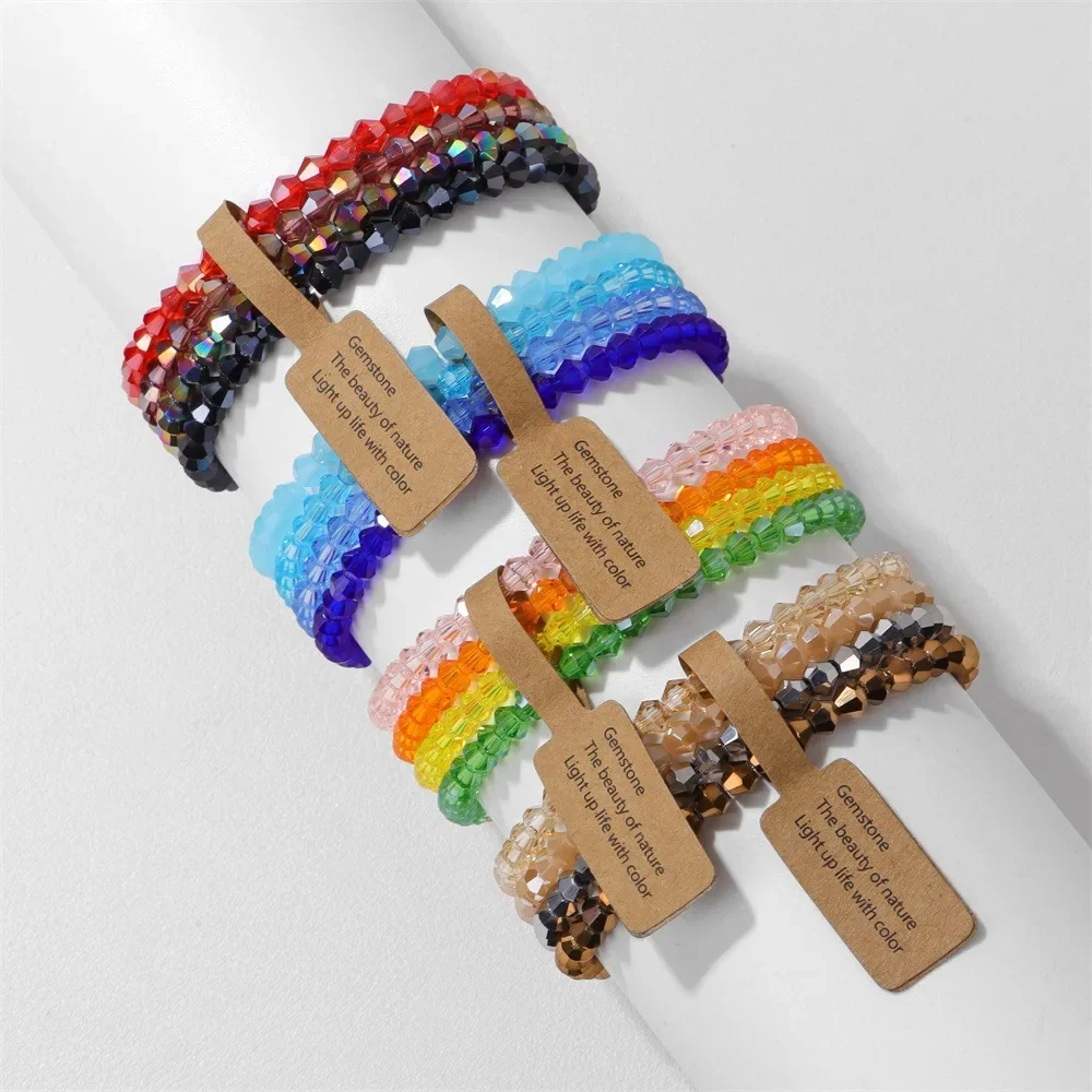 4mm Bead Women's Hand Bracelet Set 4 Pieces Multiple Cut Glass Bead Elastic Rope Bracelets with Label Buckle Handmade Jewelry