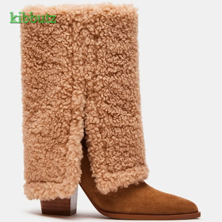 

Fluffy Faux Shearling Boots,Chunky Heel Pointed Toe Women Shoes Retro Winter Warm Boots Snow Boots 2023 New Zapatos Para Mujere