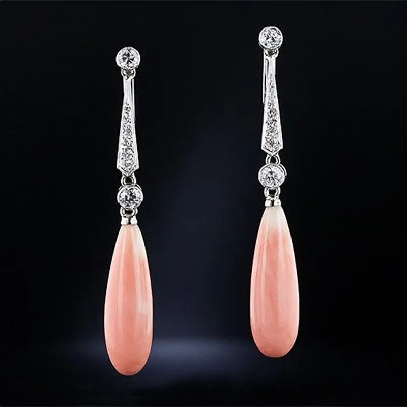 Delicate Long Teardrop Pink Orange Stone Earrings Artistic Jewelry Bright Silver Color Crystal Coral Statement Earring Femme