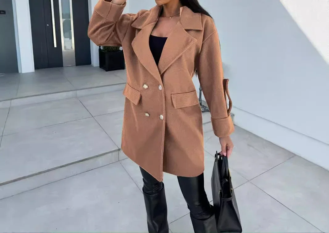 Long Sleeves Blazers Coats for Women Streetwear 2024 Winter New Solid Color Fashionable Versatile Double Breasted Jacket Female