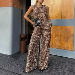 Combhasaki Women's 2Pcs Leopard Print Outfits Set Front Bow-Knot Tied Hollow Out Loose Ruffled Hem Tank Tops+Wide Leg Long Pants