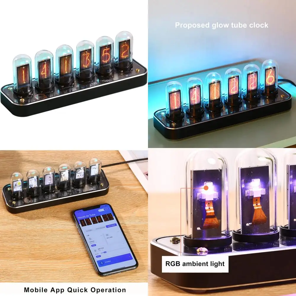 

Customizable Glow Tube Nixie Clock with Aluminum Base, IPS Display, 12/24-Hour Format, 40 Clock Styles