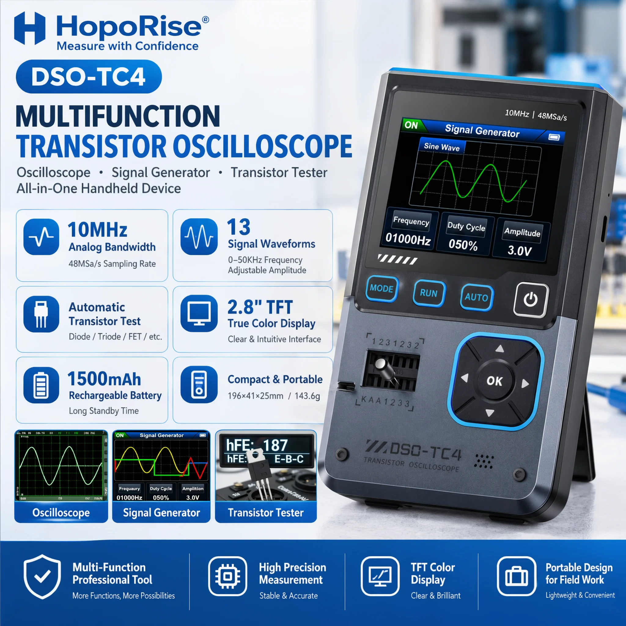 FNIRSI DSO-TC4 3-in-1 Multifunction Transistor Oscilloscope 10MHz 48MSa/s Signal Generator Transistor Tester 2.8