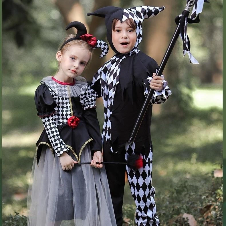 Children's loween Costume Clown Plaid Skirt Masquerade Par Outfit Performances Boys Girls Toddler Nursery Celebration Ta...