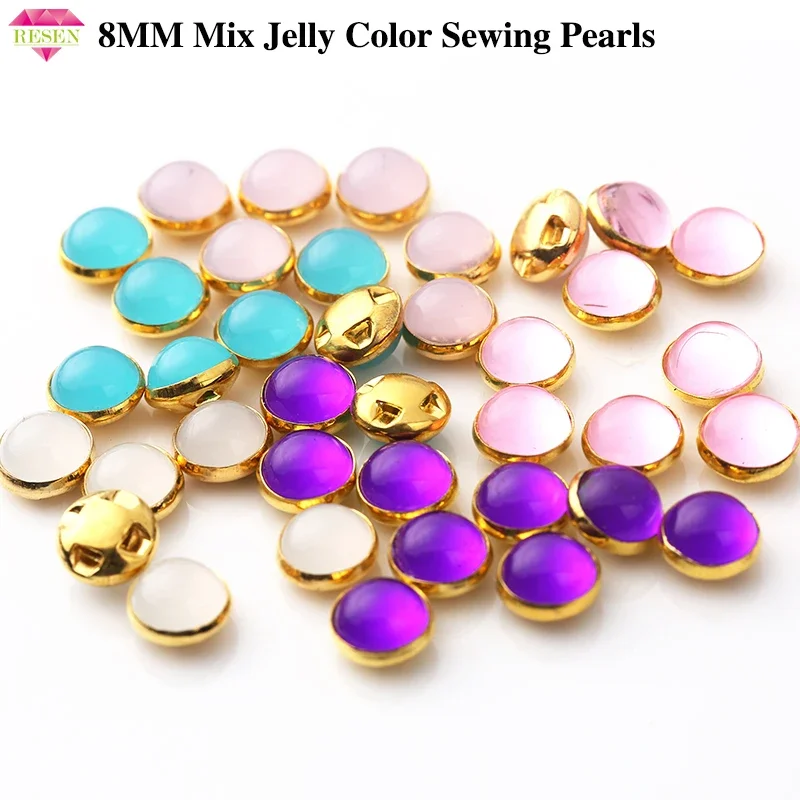 RESEN 8mm 100pcs Sew On Pearls Jelly Color With Gold/Sliver Claw Acrylic Round Pearl Button Sew On Stones For Garments