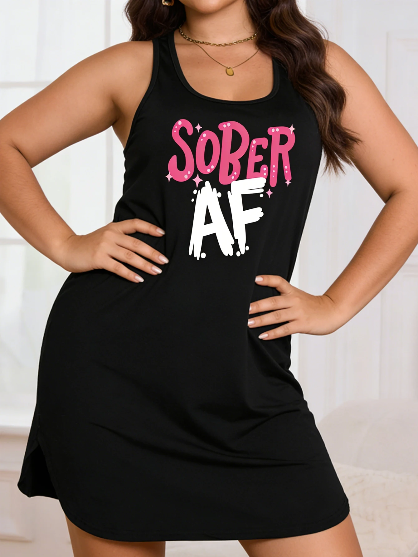 

Large-size women's SOBER AF printed tank top dress, short-sleeved round-neck casual top, suitable for summer and spring seasons
