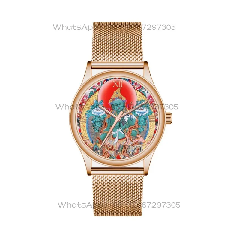 Envío en 24 horas: Reloj de arte retro Zen para mujer con Thangka de Tara Blanca y Mantra del Corazón de Tara Verde, que protege la Ciudad Prohibida.