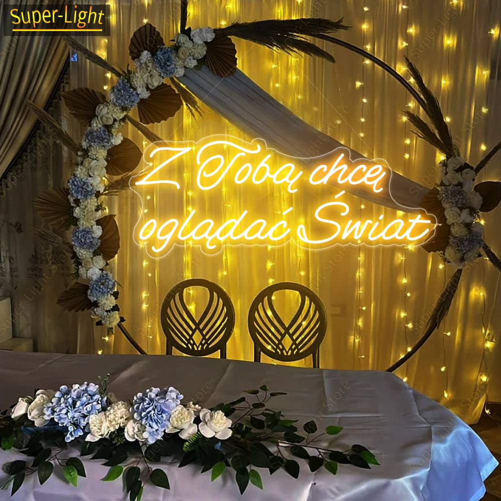 Decoração de parede LED Ledon Neon, Sinal para casamento e festa de aniversário, Sinal de que eu quero ver o mundo com você, Produto Polski, grande, 75cm