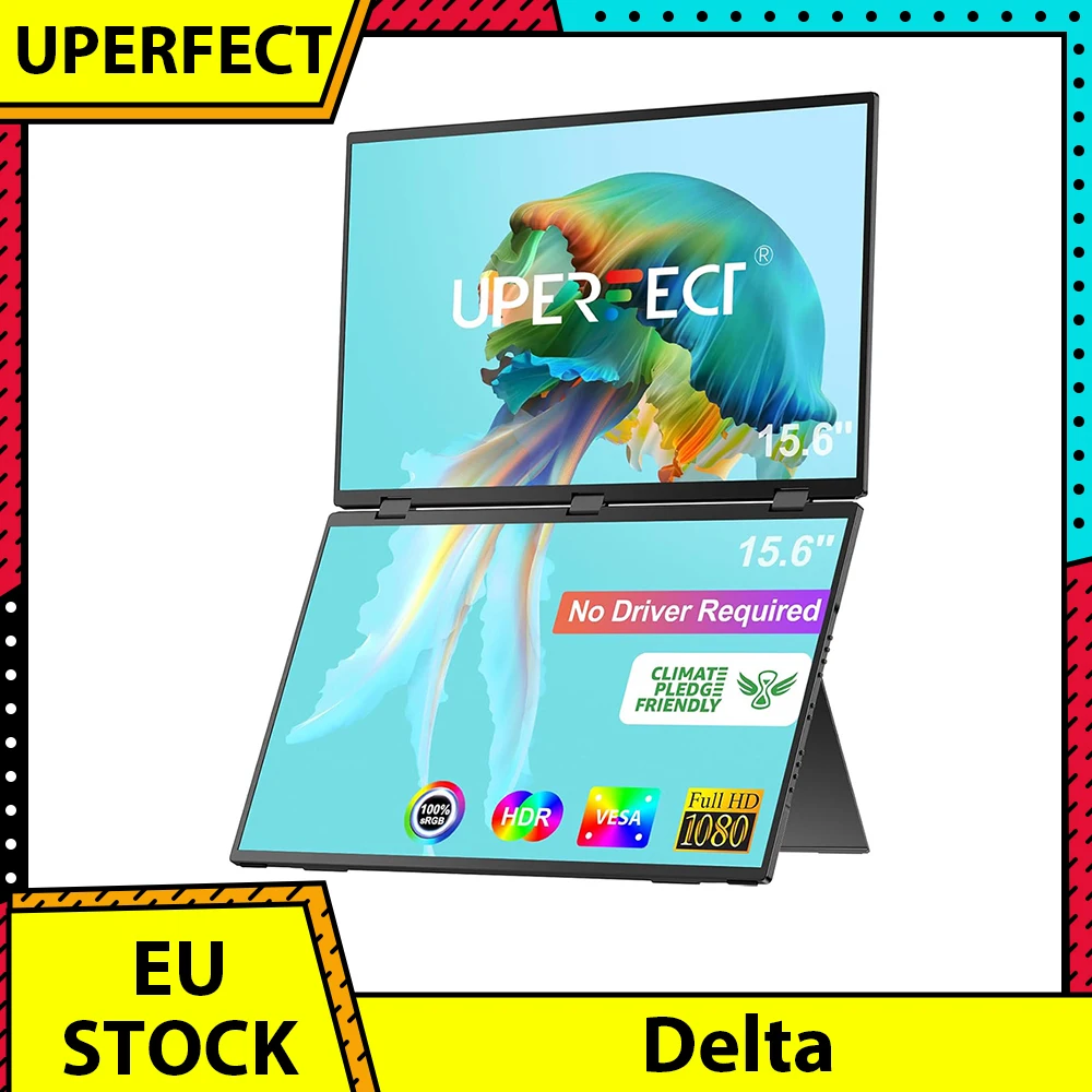 UPERFECT Delta 15.6-inch Dual Screen Portable Folding Monitor 1920*1080 FHD IPS Screen, 60Hz Refresh Rate, 1000:1 Contrast Ratio