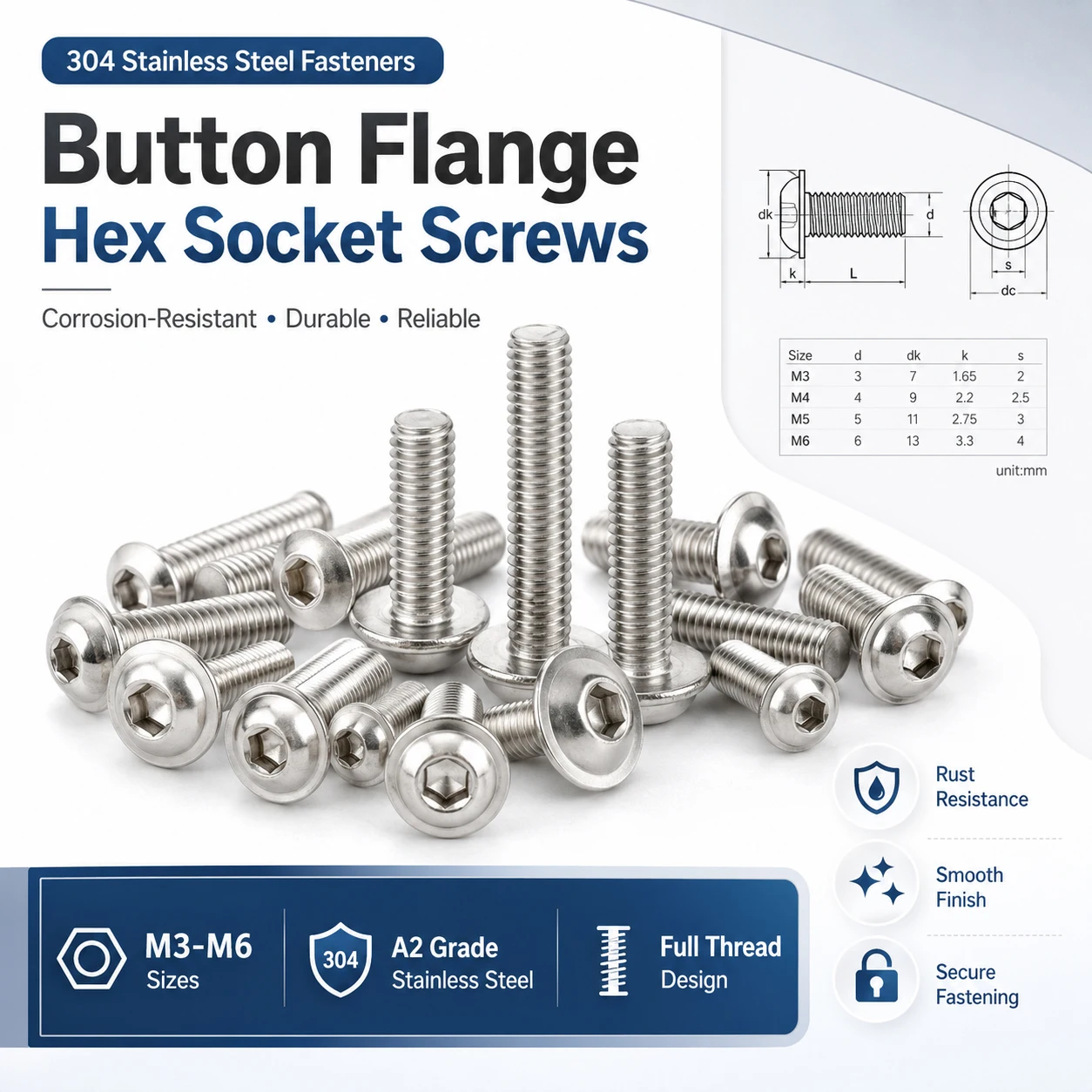 5/10/25/50Pcs M3-M6 304 Stainlesss Hex Socket Screws, Flanged Button Head with Washer, Rustproof Machine Bolts