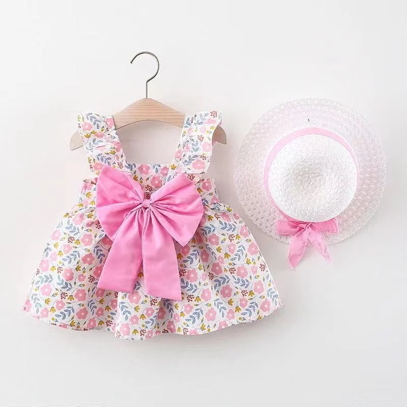 New Summer Newborn Princess Dresses Baby Clothes Infant Girls Cute Print Sleeveless Cotton Beach Dress+Sunhat 2Pcs Dress