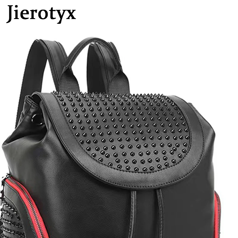 JIEROTYX Womens Studded Black Leather Backpack Casual Pack School Bags for Girls Punk Casual Traveling Daypack Bookbag Men