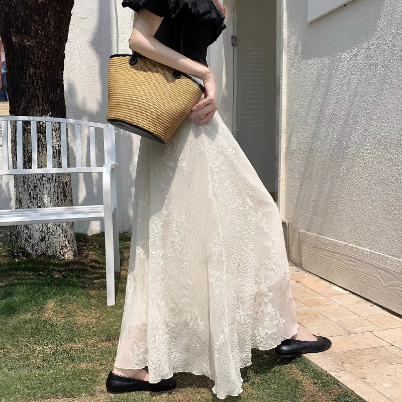 Summer French Style Romantic  Women Clothes Embroidery Stretchy High Waisted Long Beige Skirt , Woman Ruffles A Line Skirts
