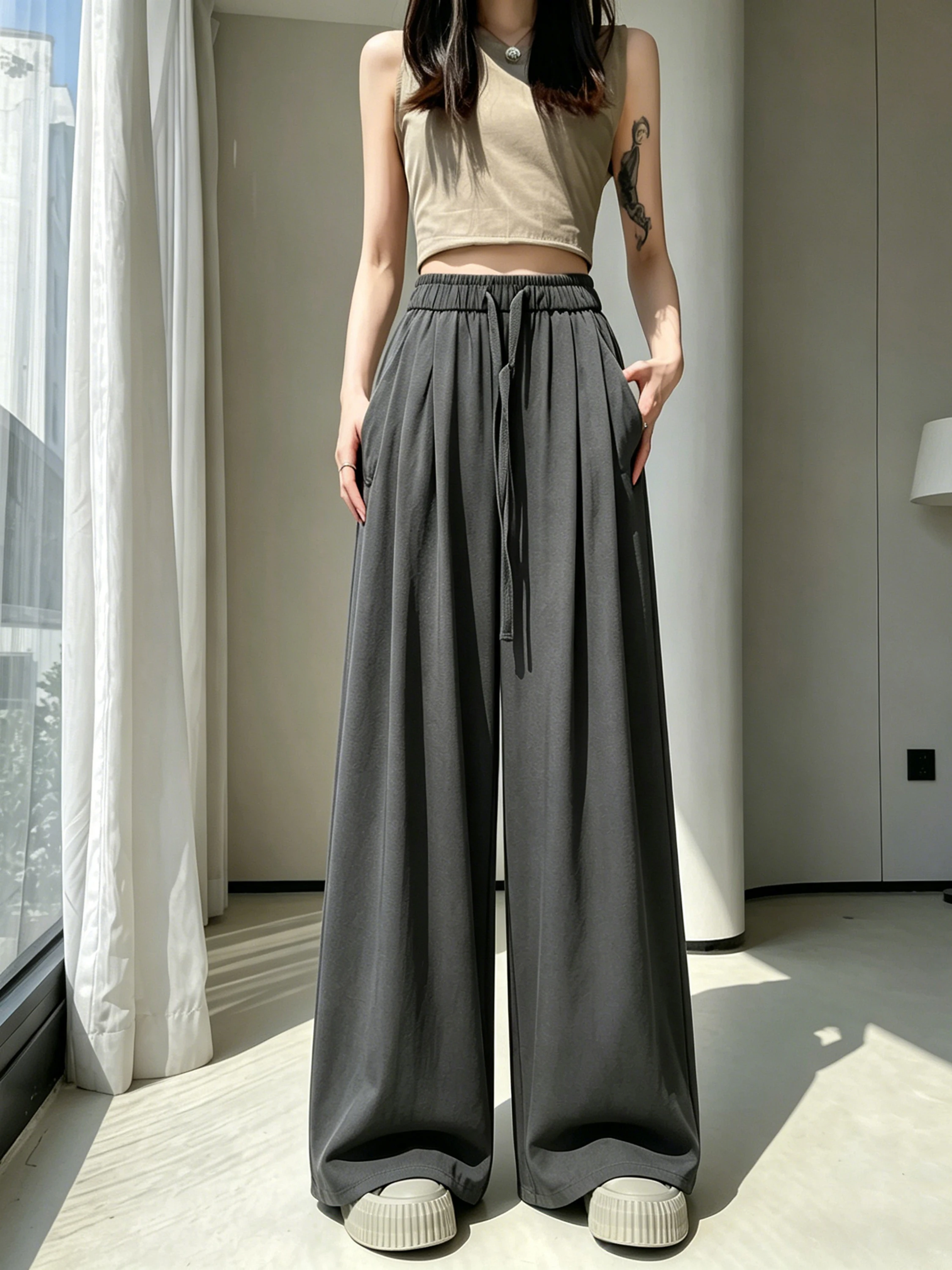 

Deep Grey Cotton Linen Women's Summer High Waist Loose Straight Wide Leg Pants Drapey Comfortable High Waist Slimming Effect