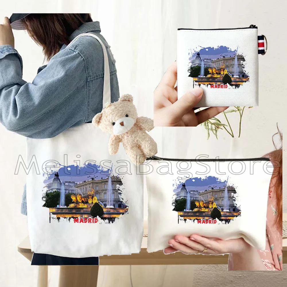 

4PCS Gifts Set Madrid Spain White Canvas Tote Bag Handbag with Doll Key Coin Purse Cosmetic Makeup Toilet Bag Case Pouch