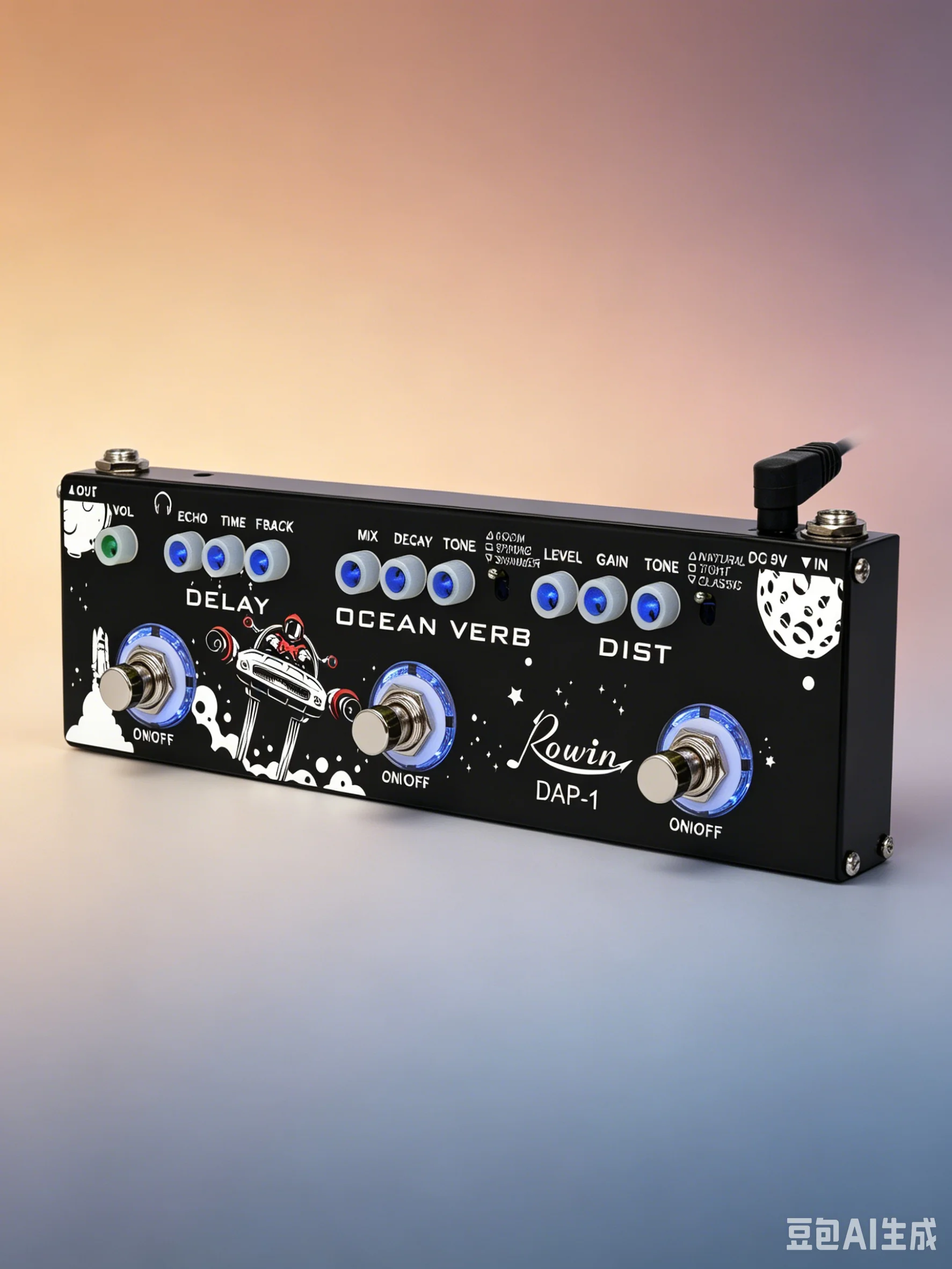 ROWIN Guitar Multi Effects Pedal, Distortion+Ocean Reverb+Delay Combined Guitar Effect Pedal with Headphone Output,True Bypass