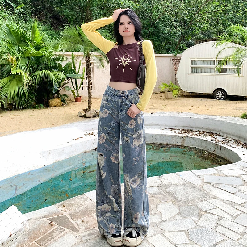 Jean Y2k pour femme, imprimé rétro américain, déchiré, ample, jambe droite, longueur au sol, Streetwear, nouvelle collection été 2025