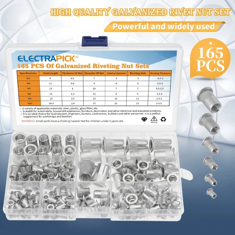 165Pcs M3/4/5/6/8/10 Aluminum Rivet Nuts Flat Head Thread Insert Nut Rivet Cap Set Thread Insert Rivet Nut