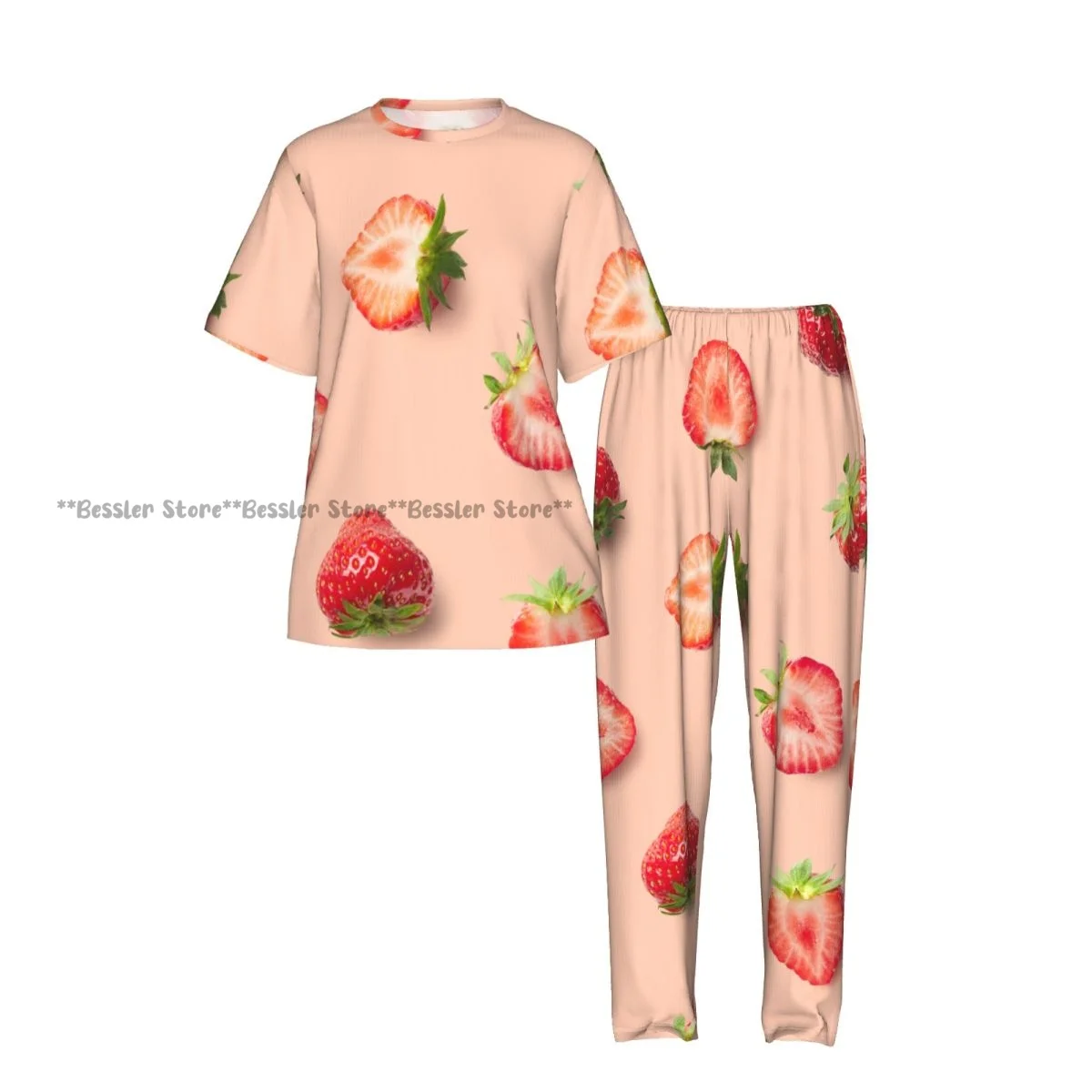 Women's Sweet Strawberries short sleeve trousers casual pajamas set 2