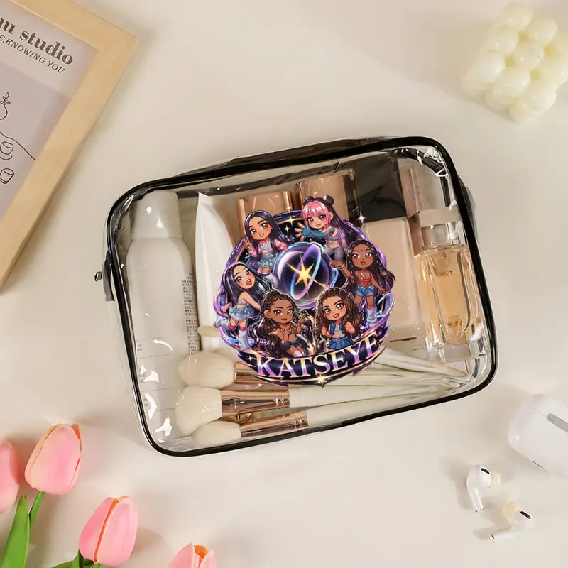 Q Version Kpop Katseye World Tour Women Large Capacity Pvc Waterproof Wash Bag Multi Functional Travel Makeup Bags Fan Gifts