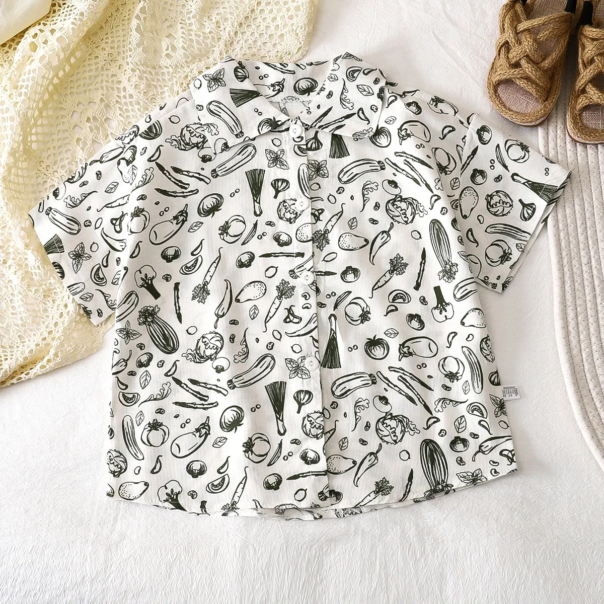 New 2025 Boys Summer Thin Beach Shirts Children's Cartoon Striped Letter Print Short Sleeve Lapel Shirt Top Kids Casual Clothing