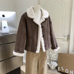 Bomon American Vintage Brown Fur One-Piece Lamb Fur Suit Collar Coat Korean Short Faux Fur for Women 2024 Winter Thermal Coat