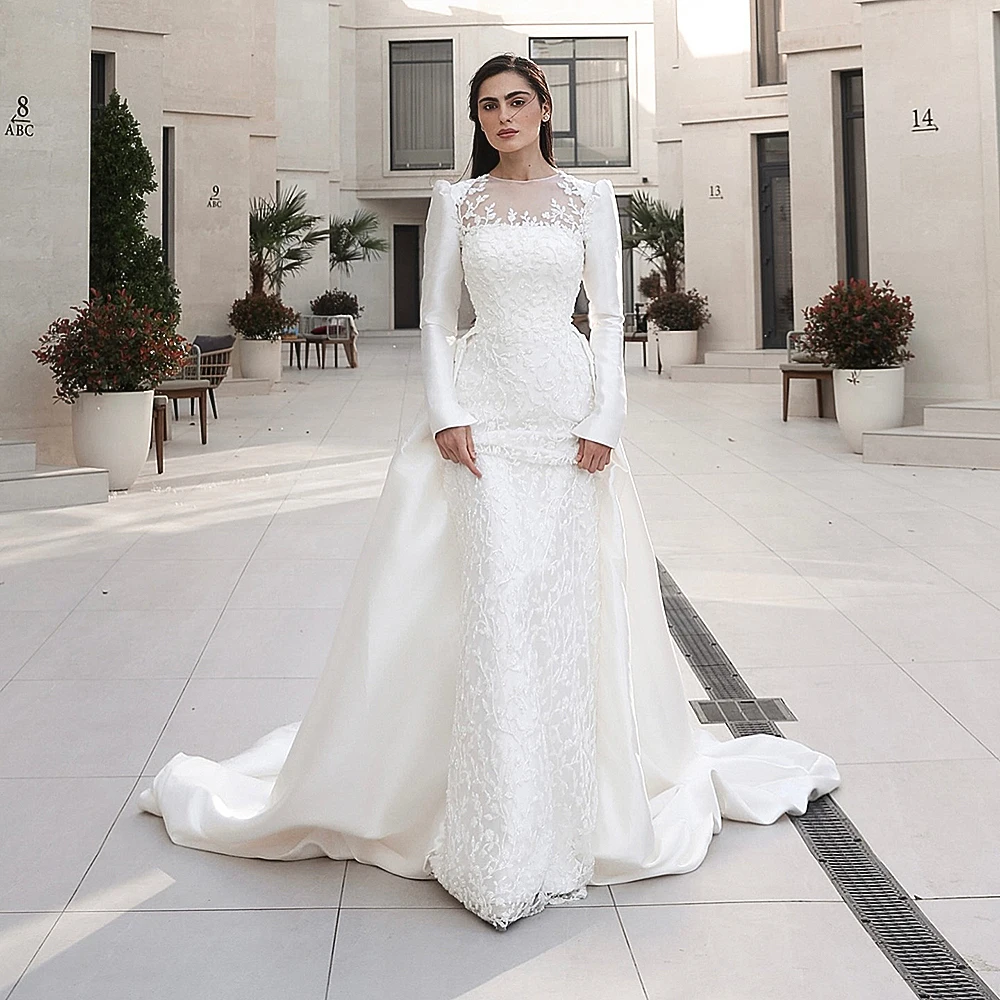 Personalizado o-pescoço simples cetim branco vestido de noite mangas completas com apliques de renda watteau trem vestido de festa até o chão vestidos