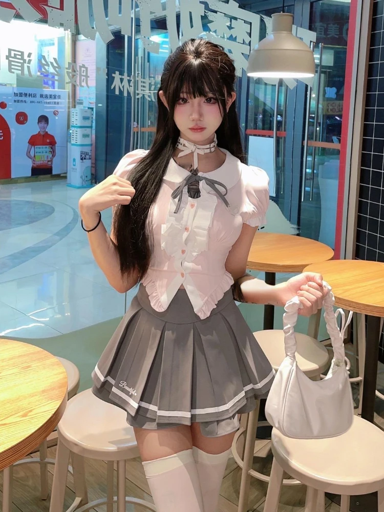 

Sweet Kawaii 2 Piece Set Women Causal Sweet Short Sleeve Tops + Y2k Cute Mini Skirts 2024 Summer Japanese Preppy Style Suits New