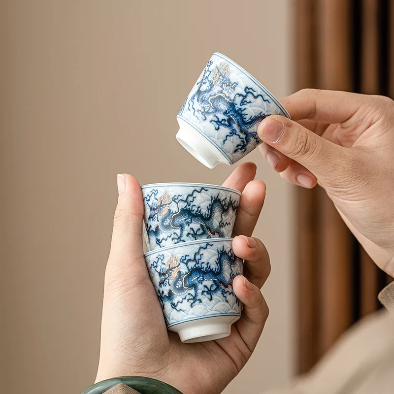 2024 Year New Blue and White Dragon Patterned Small Tea Cups Chinese Metal Inlay Ceramic Teacup 45ml Capaicty