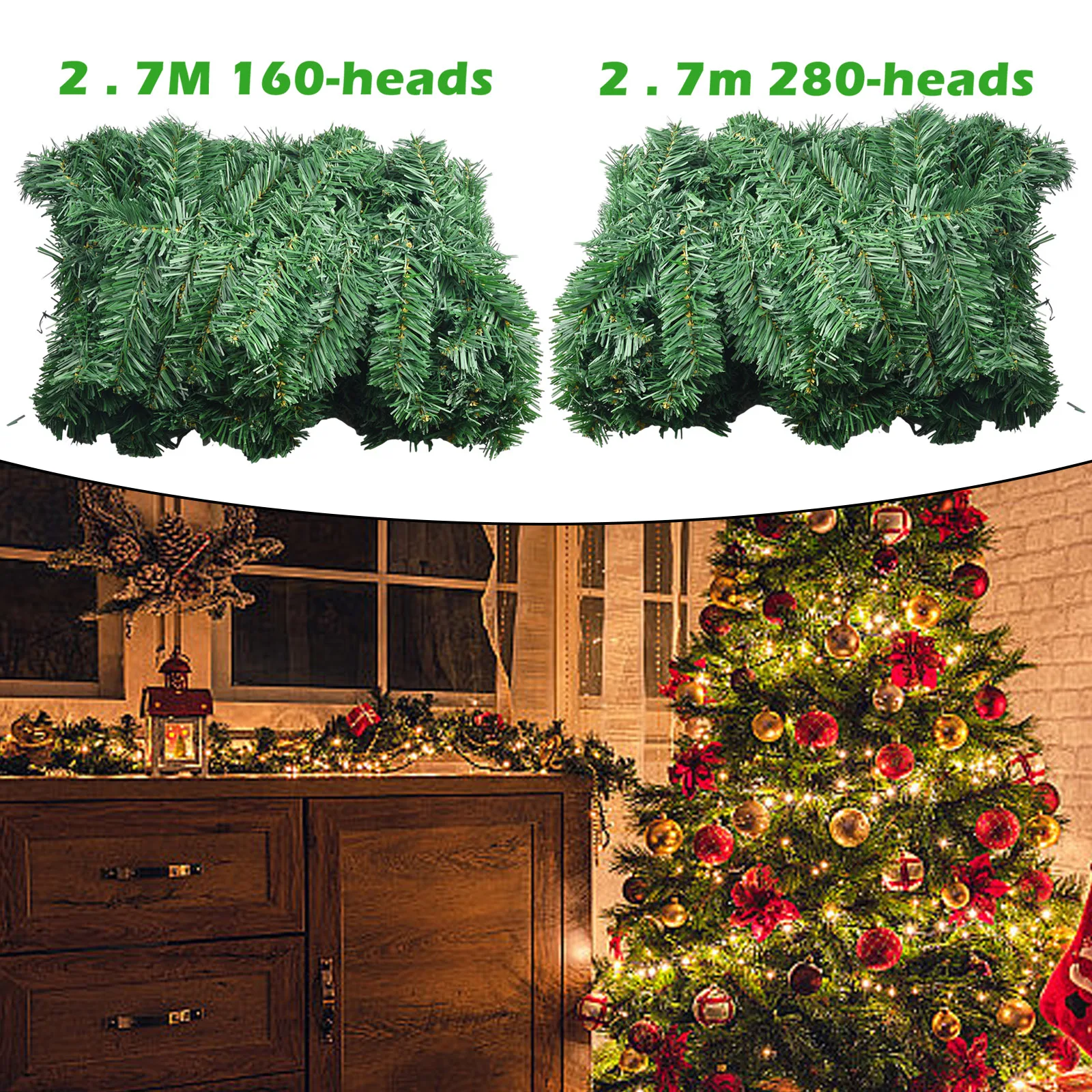 2.7M PVC Artificial Pine Leaf Fir Garland Christmas Artificial Green Garland Christmas Home Party Christmas Pine Cane Decoration