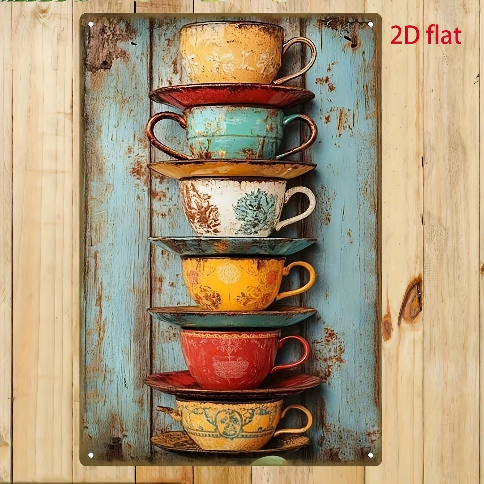 Retro Stackable Cup and Saucer Aluminum Painting, American Country Style Wall Decor Hanging Artwork Home Dining Room