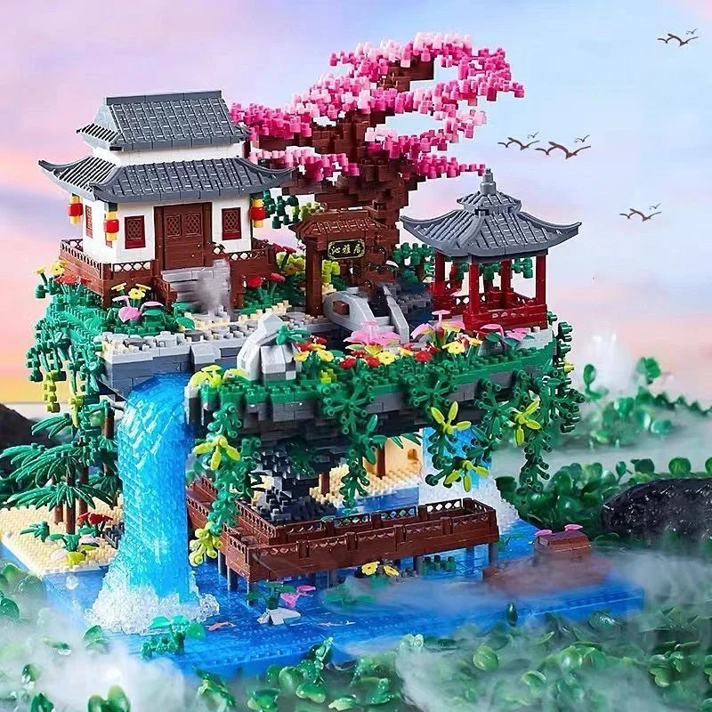 Tree House Diamond Building Blocks, Arquitetura de Jardim, Waterfall Light, Tijolos DIY, Cherry Blossom, Brinquedo para Crianças, Presente Adulto, 3320 peças