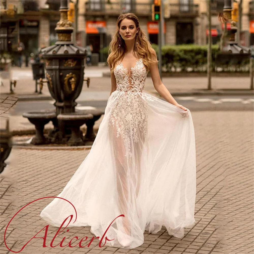 Alicerb 2022 New Sexy Lace Boho Wedding Dresses Illusion Bride A Line Appliqued Gowns Sweep Train Femme Vestido De Noiva Mariée