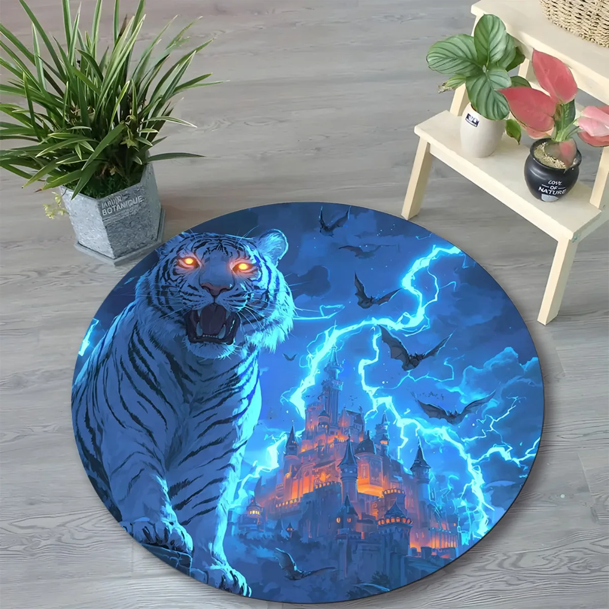 1pc Blue Tiger Lightning Castle Round Rug Fantasy Mythical Beast Gothic Horror Theme Flannel Soft Gaming Room Decor Rug