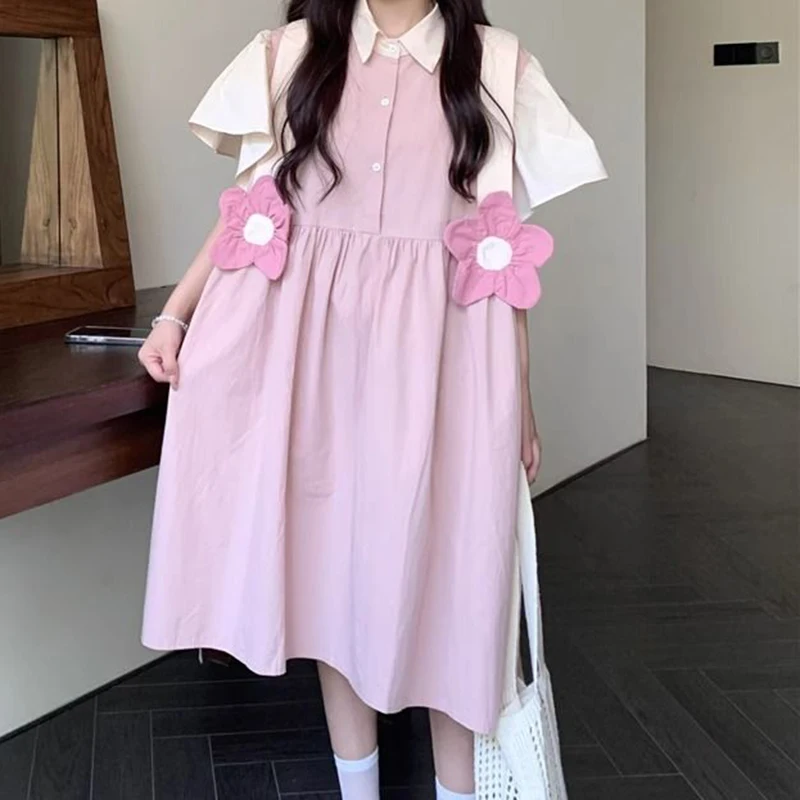 

Three-dimensional flower stitching Polo neck dress women's summer new design relaxed fashion niche age-reducing skirt