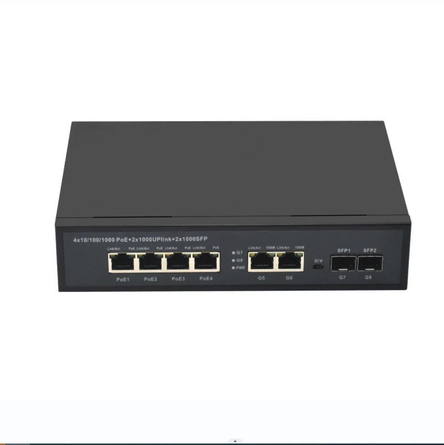 

Gigabit PoE Switch, PoE Ports, 2GE RJ45, Uplink 2 GE SFP Slot, , AI + 6KV Lightning Protection Function, 4 10/100/1000M