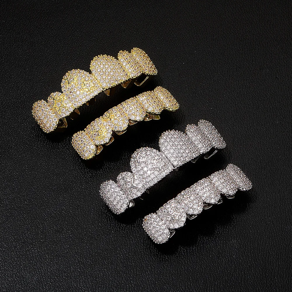 Gold Silver Plated 6 Teeth Full Micro Pave Zircon Hip Hop Grillz Top Bottom Teeth Caps Rapper Stage Cosplay Teeth Ornament Facto