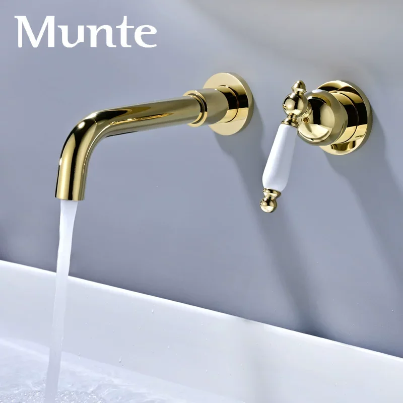 Luxury Gold All-Copper Concealed Wall-Mounted Basin Mixer Luxury European Style Basin Faucet Bathroom Sink Faucet Hot cold water